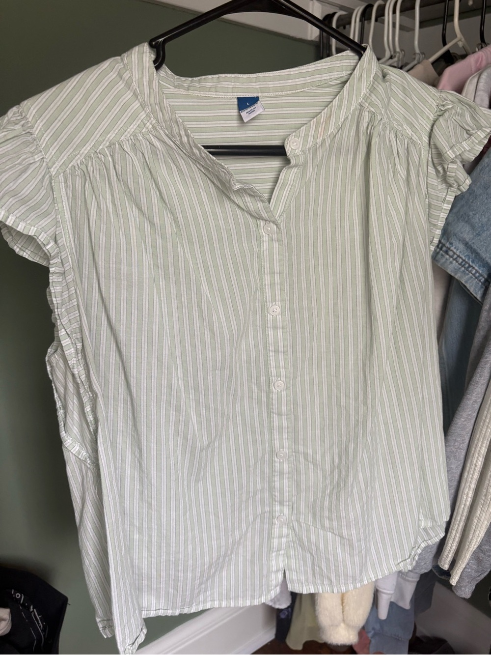 Old Navy Pale Green and White Striped Ruffle Sleeve Button-Up Top